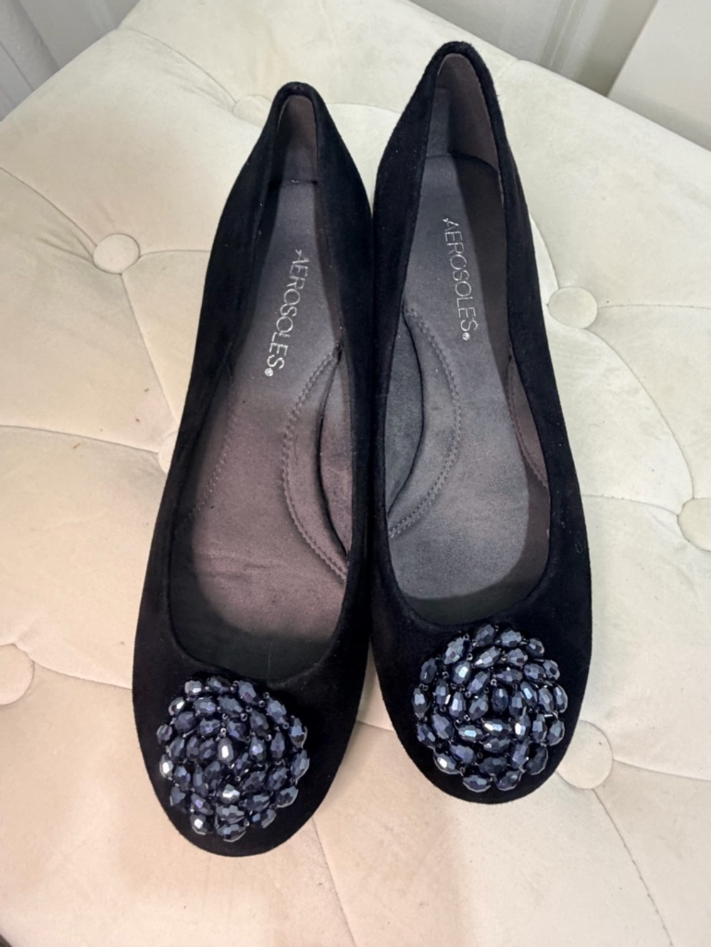 AEROSOLES Black Jeweled Suede Ballet Flats
